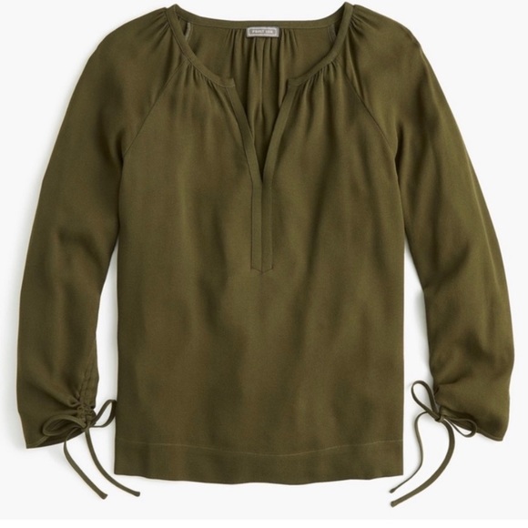 J.CREW POINT SUR Blouse Drapey Open V-Neck Long Sleeve Ruched Flowy Green J6240 - Picture 1 of 10